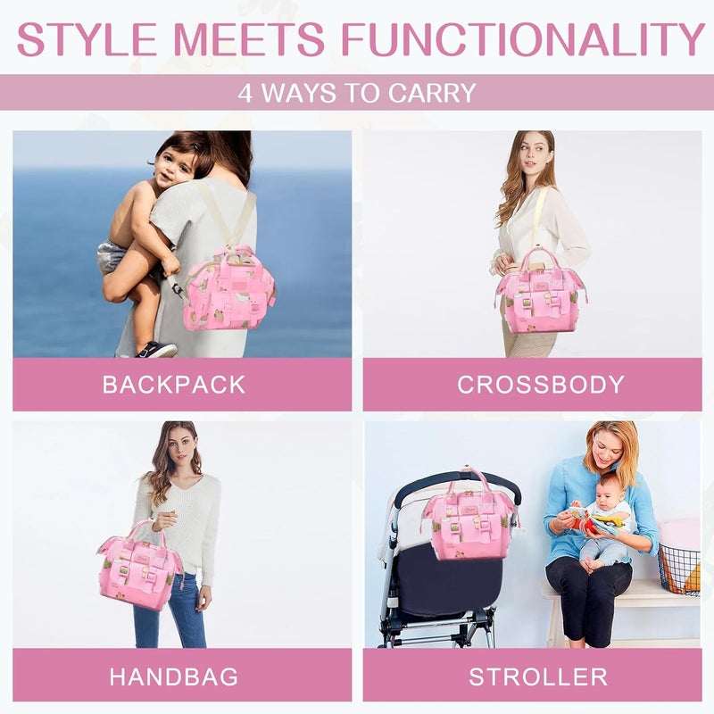Mozzilog Small Diaper Bag Crossbody Backpack, 4 in 1 Mini Travel Mommy Tote w/Shoulder for Stroller, Small Toddler Daiper Tote with Insulated Pockets, Compact Baby Bag for Mom (Pink Animal) - Image 2